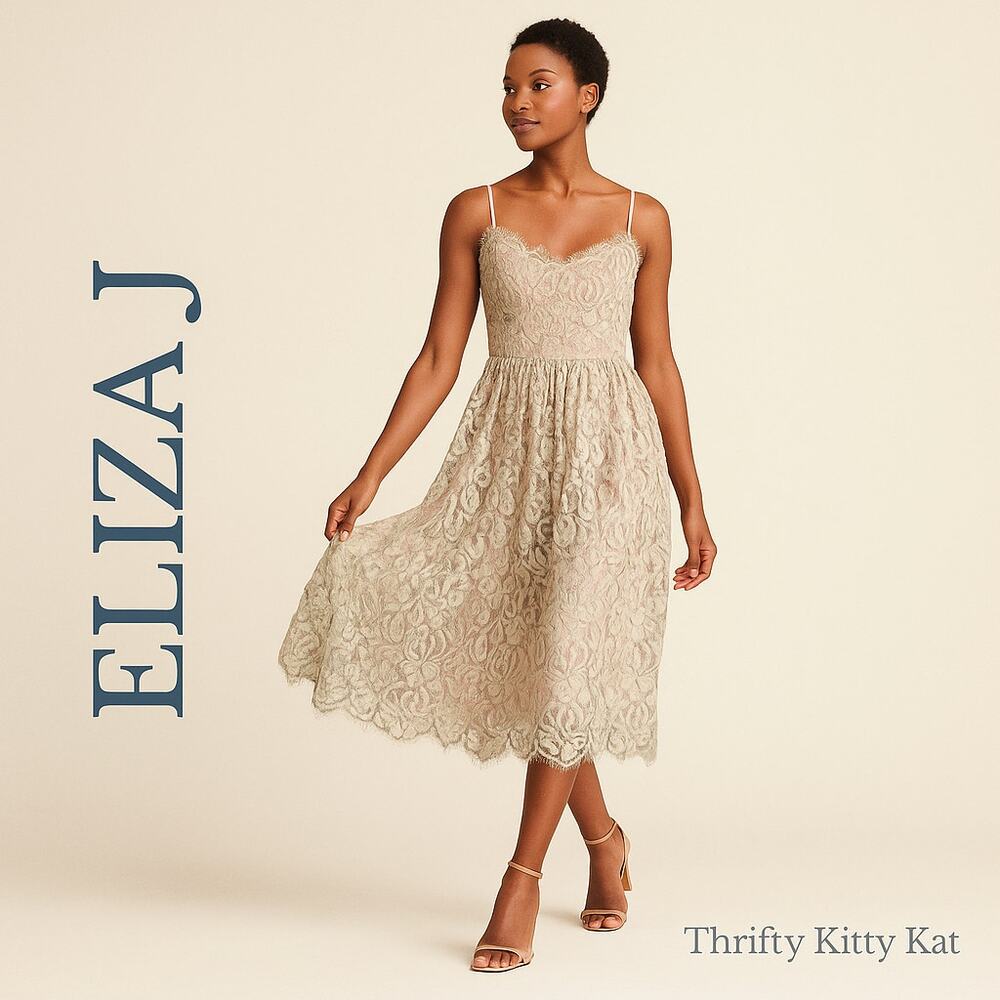Eliza J Lace Overlay Floral Midi‎ Dress Eyelash Trim Spaghetti Strap Blush 6